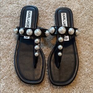 Karl Lagerfeld black pearl adored thong flat sandal sandals shoe  size 7.5